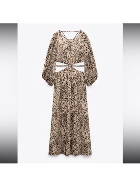Zara Leopard Print Midi Dress in Beige and Brown